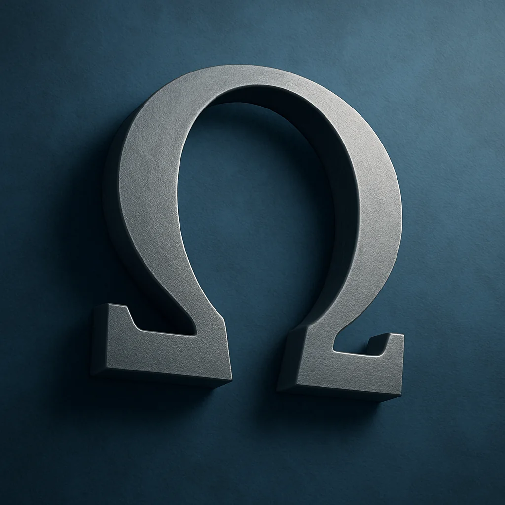 Metallisches Omega-Symbol auf dunkelblauem Materialgrund