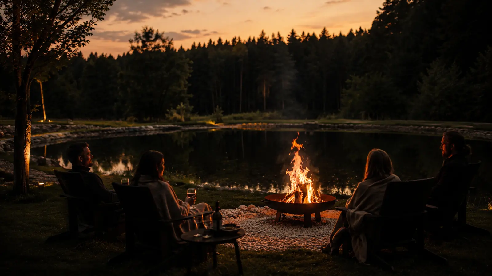 Menschen am Feuer in der Dämmerung